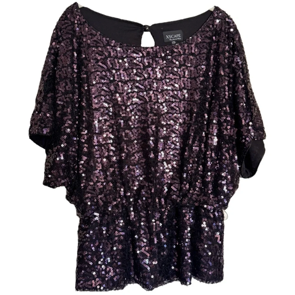 Xscape Black Beaded Purple Square Blouse Top Sz 10 Party Evening Cocktail Fancy